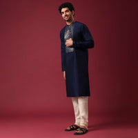 Blue Kurta Set In Silk with Leather Work