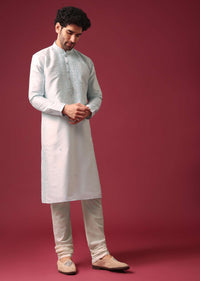 Blue Kurta Set In Silk With Mirror Work