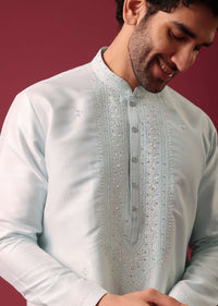 Blue Kurta Set In Silk With Mirror Work