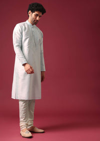 Blue Kurta Set In Silk With Mirror Work