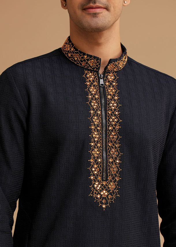 Blue Kurta Set With Moti And Mirror Embroidery