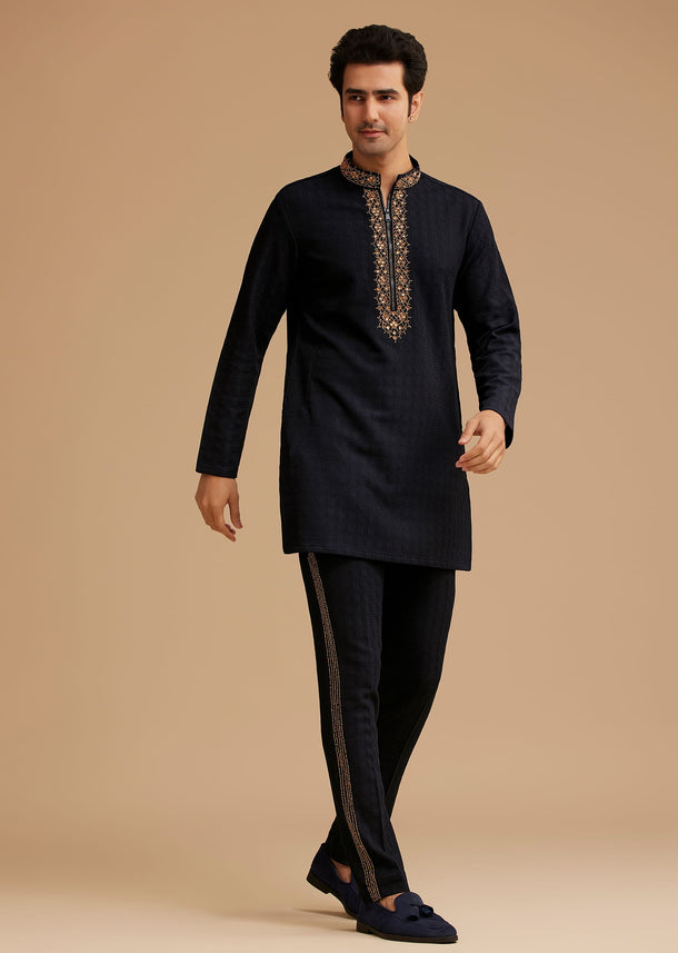 Blue Kurta Set With Moti And Mirror Embroidery