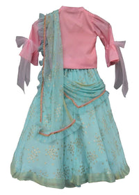 Blue Lehenga In Georgette With Foil Printed Buttis And Pink Crop Top With Bow On The Sleeves By Fayon Kids