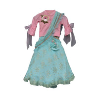 Blue Lehenga In Georgette With Foil Printed Buttis And Pink Crop Top With Bow On The Sleeves By Fayon Kids