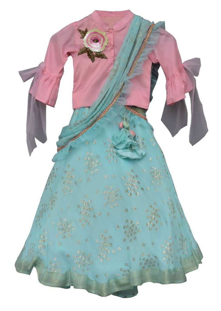 Blue Lehenga In Georgette With Foil Printed Buttis And Pink Crop Top With Bow On The Sleeves By Fayon Kids