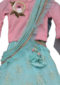 Blue Lehenga In Georgette With Foil Printed Buttis And Pink Crop Top With Bow On The Sleeves By Fayon Kids