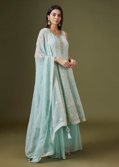 Powder Blue Lucknowi Georgette Palazzo Set With Tassled Dupatta
