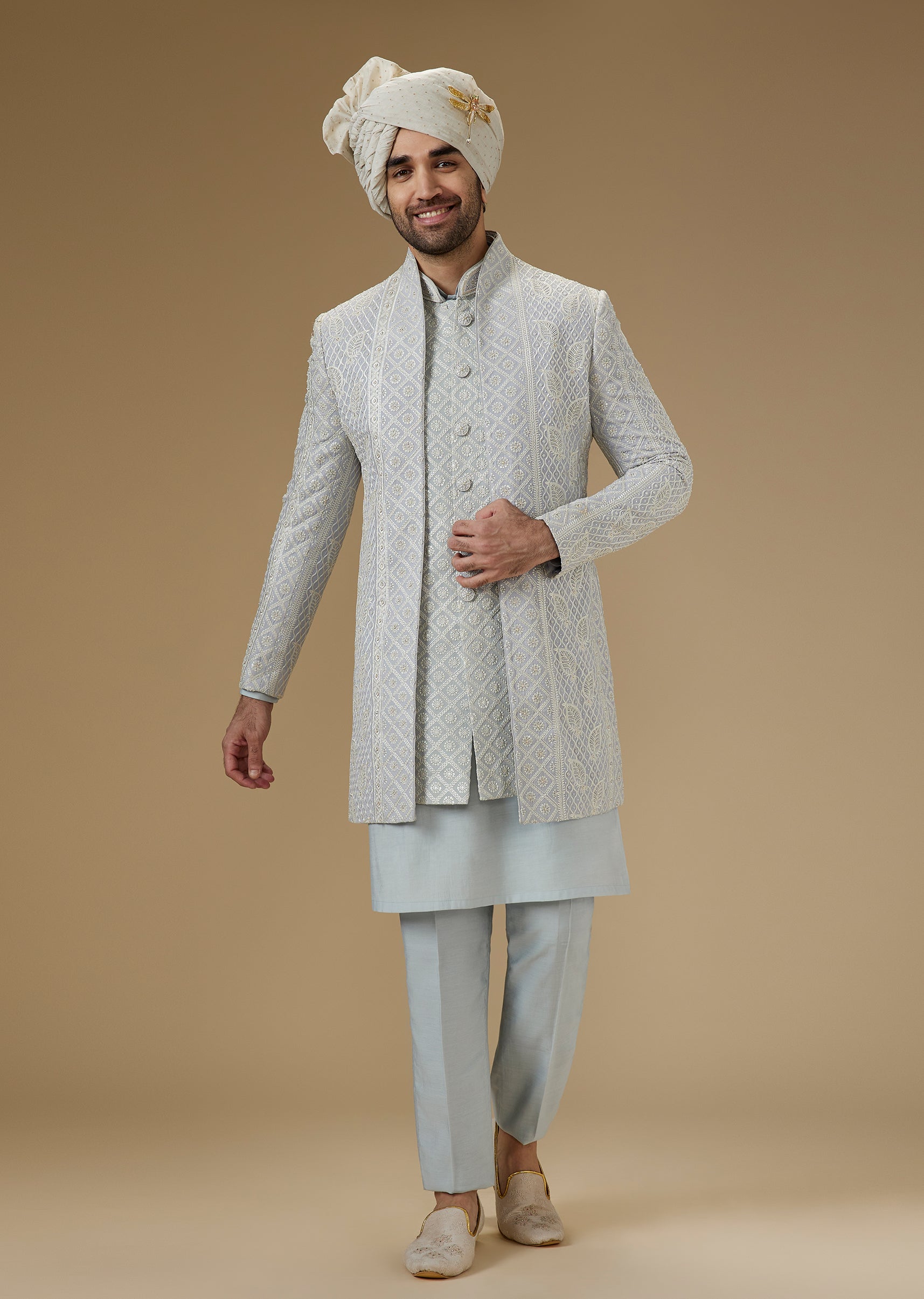 Blue Lucknowi Indo Western Suit Set