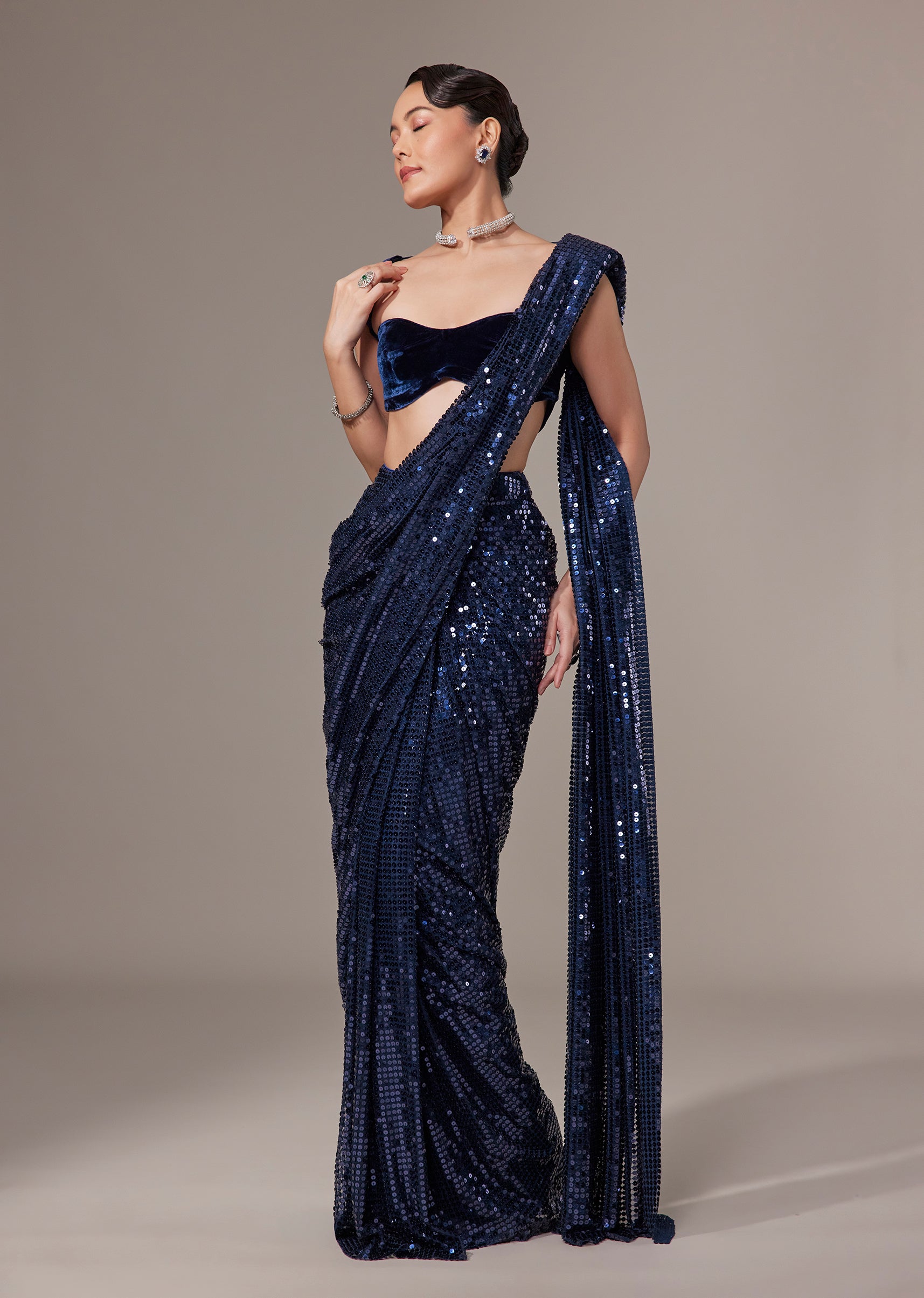 Blue Lycra Sequin Ready Pleated Saree With Velvet Blouse