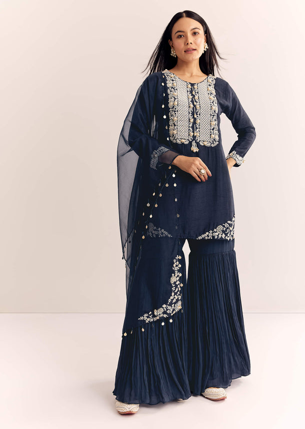 Blue Moti Threadwork Dola Silk Sharara Suit With Organza Dupatta
