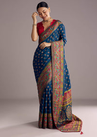 Blue Multicolor Dola Silk Saree With Thread And Butti Motifs