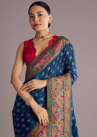 Blue Multicolor Dola Silk Saree With Thread And Butti Motifs