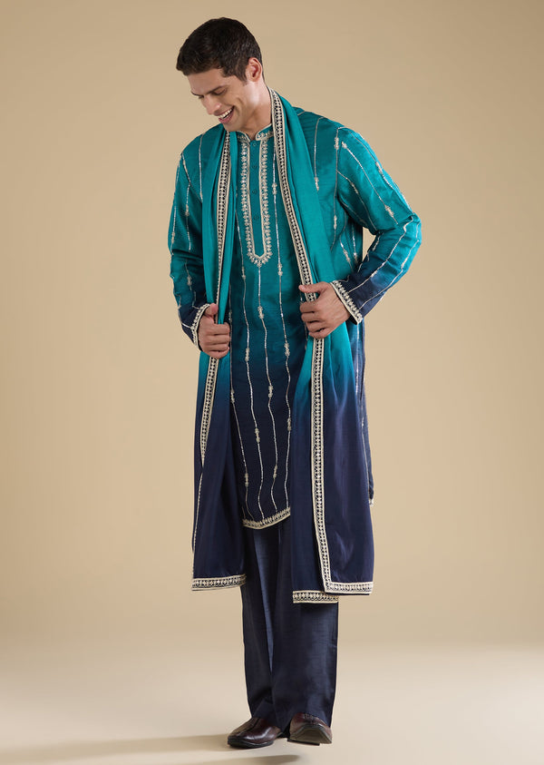 Blue Ombre Kurta And Flared Pants Set With Matching Dupatta