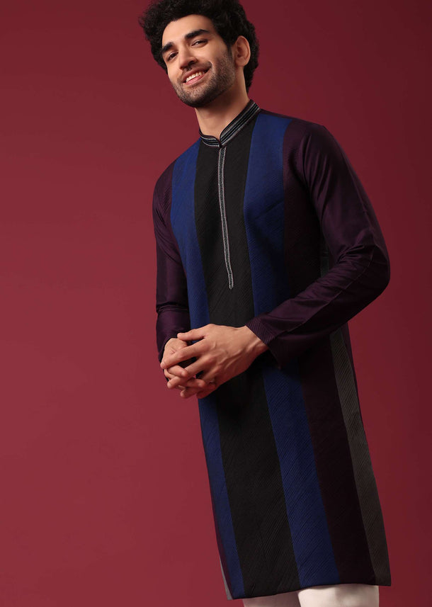 Blue Pintuck Colorblock Kurta Set in Silk