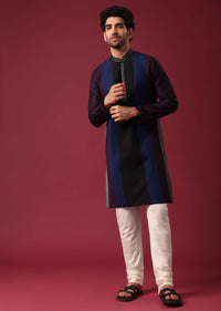 Blue Pintuck Colorblock Kurta Set in Silk