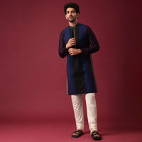 Blue Pintuck Colorblock Kurta Set in Silk