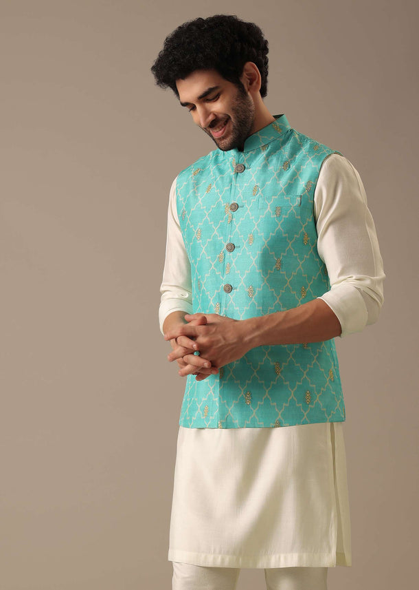 Blue Printed Bundi & Kurta Set in Silk