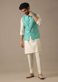 Blue Printed Bundi & Kurta Set in Silk