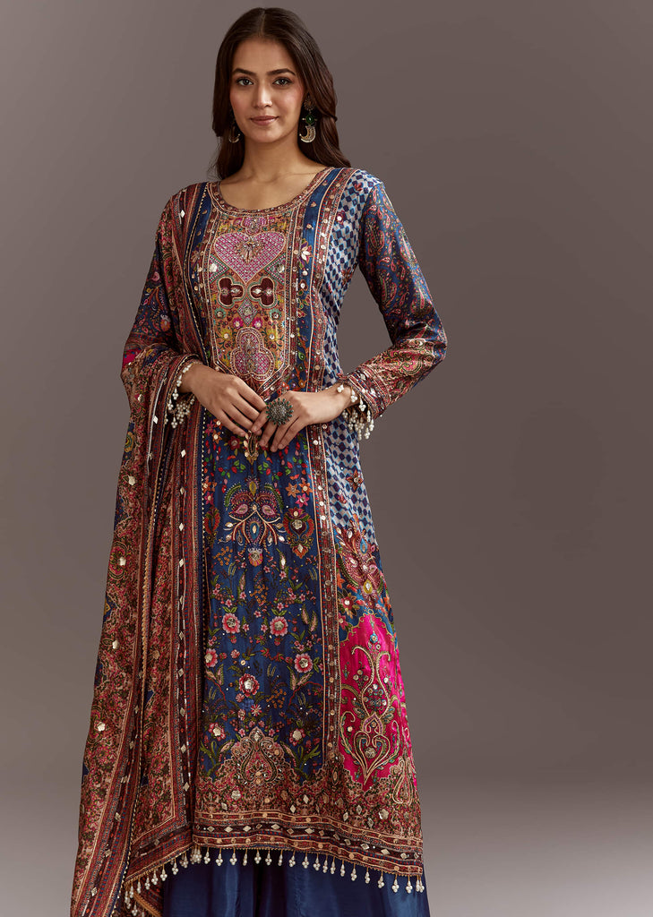 Blue Printed Gotta Lace Sequin Kurta Set With Floral Print Dupatta