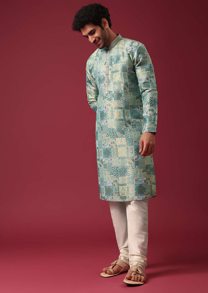 Blue Printed Kurta Set In Silk