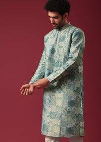 Blue Printed Kurta Set In Silk