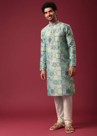 Blue Printed Kurta Set In Silk