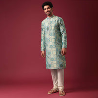 Blue Printed Kurta Set In Silk