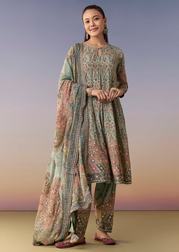 Blue Printed Kurta Set With Pant And Dupatta