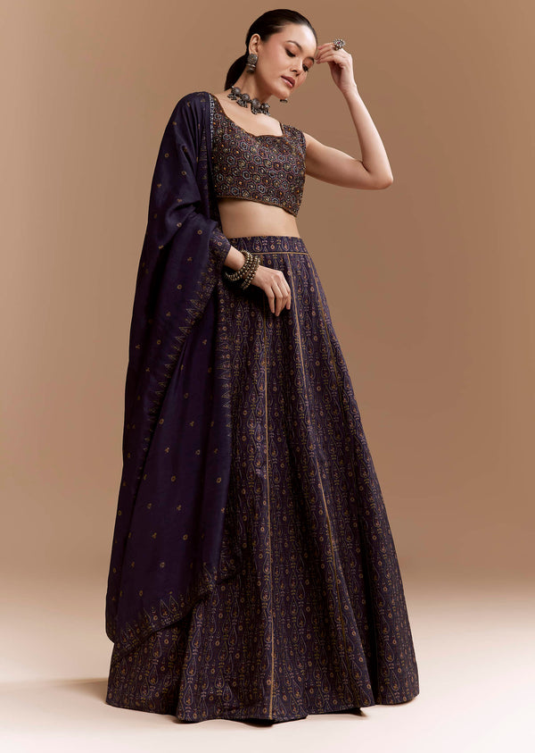 Blue Printed Silk Bridesmaid Lehenga Set with Cutdana Blouse