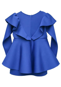 Blue Ruffle Dress In Scuba Fabric With Peplum Waist By Fayon Kids