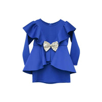 Blue Ruffle Dress In Scuba Fabric With Peplum Waist By Fayon Kids