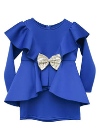 Blue Ruffle Dress In Scuba Fabric With Peplum Waist By Fayon Kids