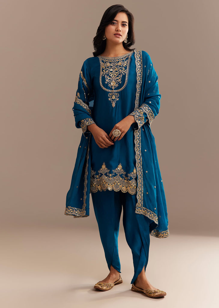 Blue Satin Zari Embroidered Dhoti Kurta Set