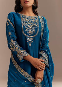 Blue Satin Zari Embroidered Dhoti Kurta Set