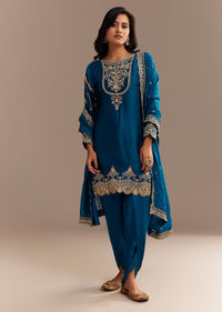 Blue Satin Zari Embroidered Dhoti Kurta Set