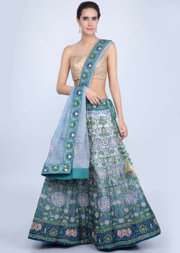 Blue Shaded Lehenga Along With Embroidery And Digital Print Online - Kalki Fashion