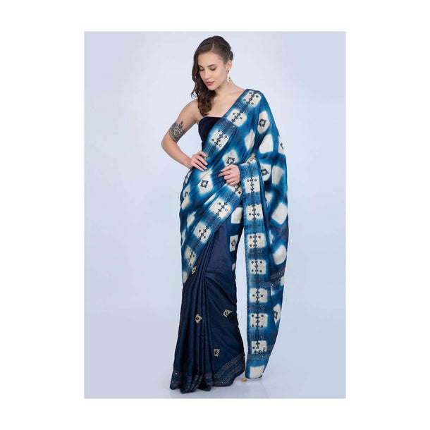 Blue shaded half and half tussar silk saree with embroidered butti and batik print only on Kalki