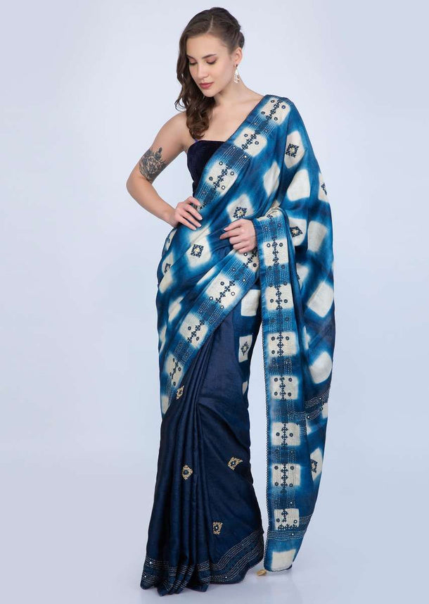 Blue shaded half and half tussar silk saree with embroidered butti and batik print only on Kalki