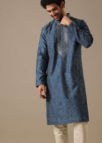 Blue Silk Chevron Kurta Set with Mirror Work