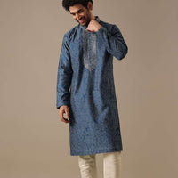 Blue Silk Chevron Kurta Set with Mirror Work