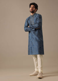 Blue Silk Chevron Kurta Set with Mirror Work