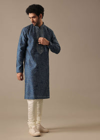 Blue Silk Chevron Kurta Set with Mirror Work