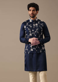 Blue Silk Kurta And Floral Bundi Set