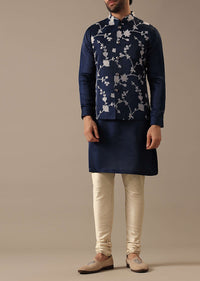 Blue Silk Kurta And Floral Bundi Set