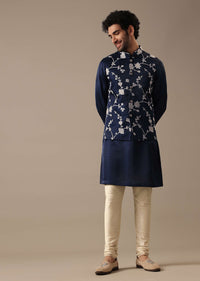 Blue Silk Kurta And Floral Bundi Set