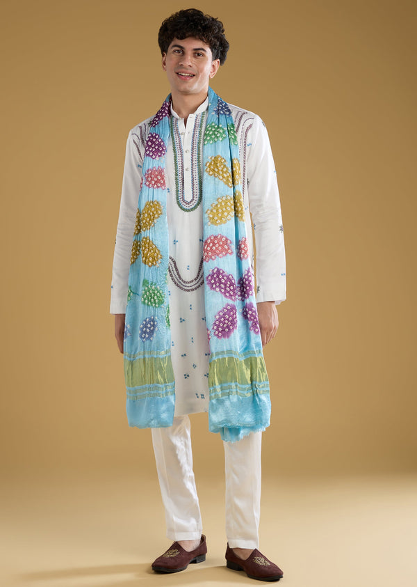White Silk Kurta Pant Set With Sky Blue Thread Embroidery