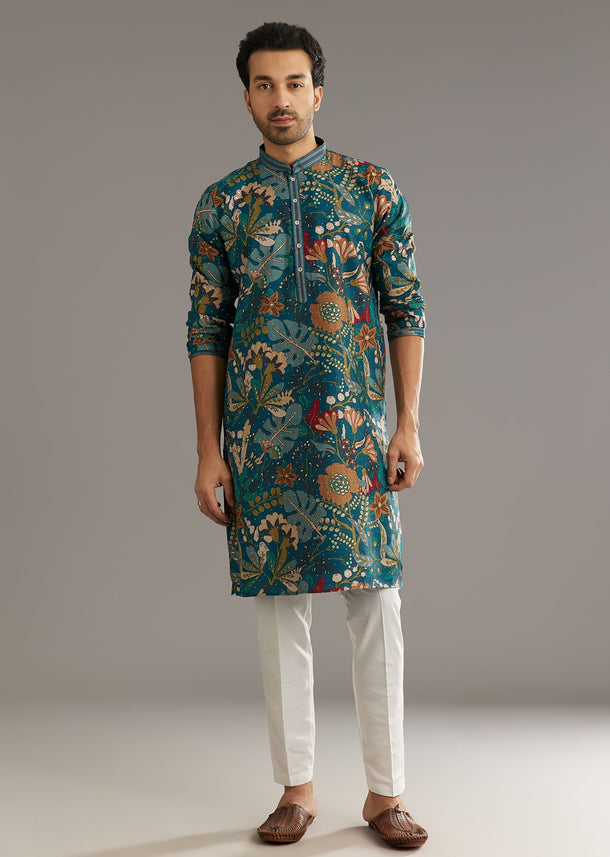 Blue Silk Printed Kurta Set With Stone Embellishment