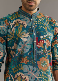 Blue Silk Printed Kurta Set With Stone Embellishment