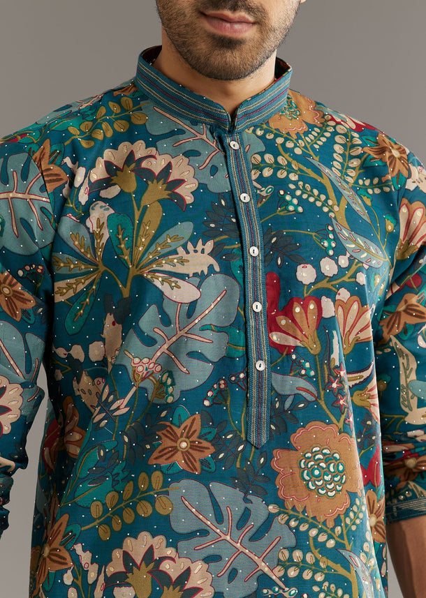 Blue Silk Printed Kurta Set With Stone Embellishment