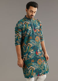 Blue Silk Printed Kurta Set With Stone Embellishment